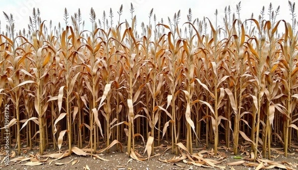 Fototapeta Golden cornfield reaching maturity with tall, dry stalks and tassels swaying under a blue sky, symbolizing the seasonal transition from summer to harvest time