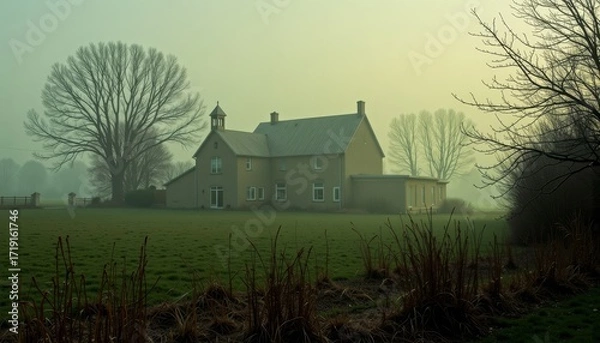 Fototapeta A serene rural landscape featuring a secluded farmhouse enveloped in soft morning fog, surrounded by bare trees and a peaceful green pasture under a misty sky.