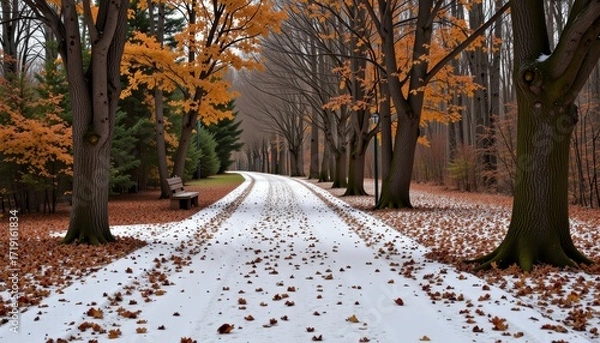 Fototapeta Serene Snow-Covered Pathway Lined with Autumn Trees and Fallen Leaves in a Quiet Forest Setting Capturing the Transition from Fall to Winter Season