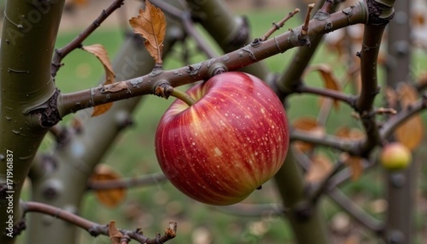 Fototapeta Vibrant Red Apple Hanging on a Tree Branch in an Orchard Setting with Autumn Leaves and Blurred Background