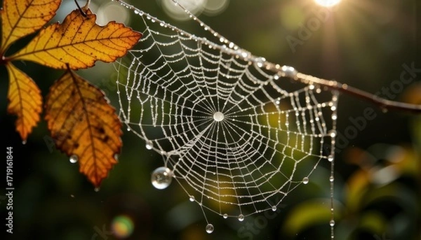 Fototapeta Intricate Spider Web Adorned with Morning Dew on Autumn Leaves Glistening in Early Sunlight Amidst Lush Greenery