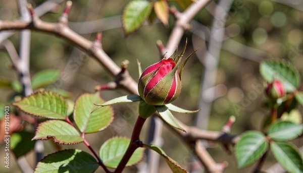 Fototapeta Close-up of a Vibrant Red Rosebud with Emerging Green Foliage on a Thorny Branch in Natural Daylight Setting