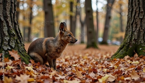 Fototapeta A solitary fox-like animal sitting on a vibrant carpet of autumn leaves amidst tall trees in a serene forest setting