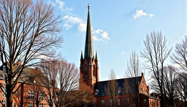 Fototapeta A Majestic Brick Church with Tall Steeple Surrounded by Bare Trees in Urban Park Setting Under Bright Blue Sky