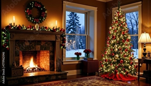 Fototapeta Cozy Living Room Decorated with Festive Christmas Tree and Glowing Fireplace on a Winter Evening with Snow Visible Through the Windows