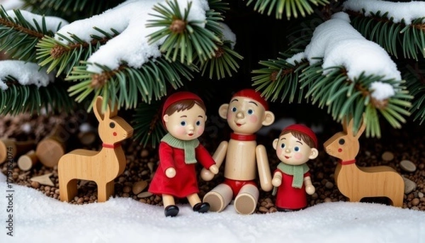 Fototapeta Charming Winter Scene with Wooden Toys Under Snow-Draped Evergreen Branches Featuring Deer and Dolls in Holiday Attire