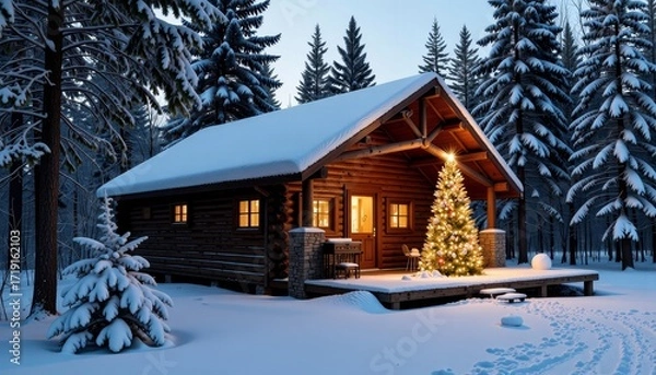 Fototapeta Beautiful Snowy Log Cabin Surrounded by Winter Forest with Festive Christmas Tree Illuminated by Warm Lighting During Sunset