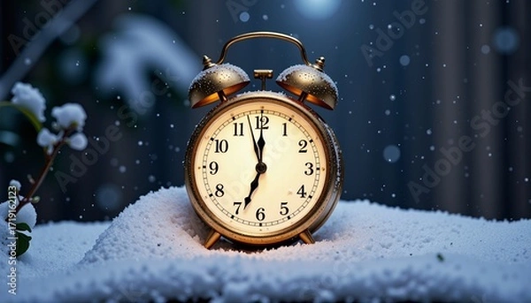 Fototapeta Golden Vintage Alarm Clock in Snowy Winter Night with Falling Snowflakes and Soft Moonlit Glow Amidst Frosty Atmosphere Capturing Timeless Serenity