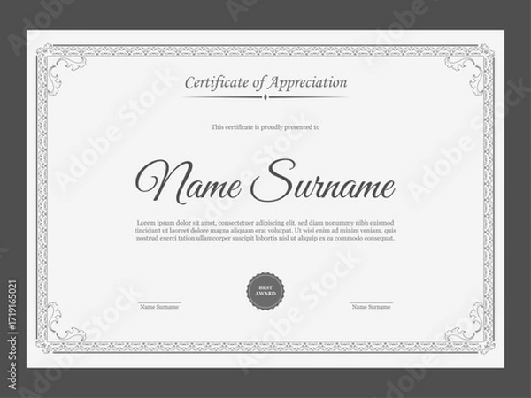 Obraz Retro certificate of appreciation template for company. Vintage certificate design with victorian style ornaments.