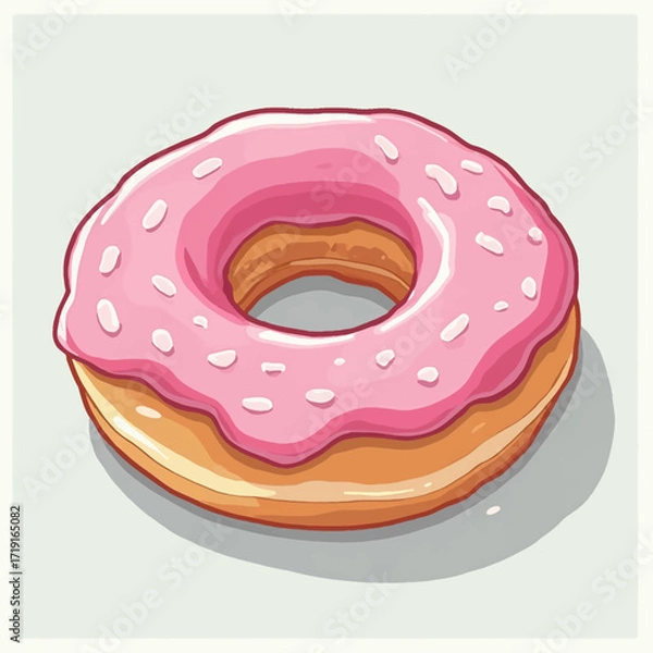 Fototapeta A cartoon illustration of a pink-glazed donut, presented in a stylized, appetizing way.