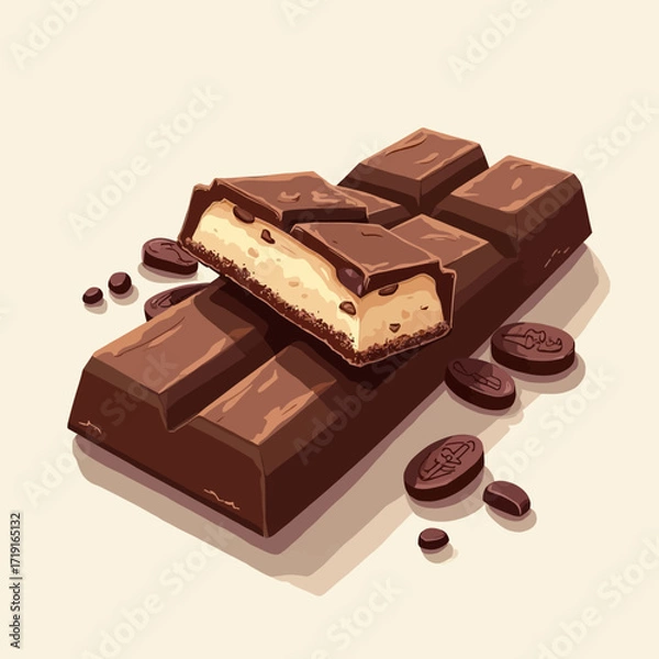 Fototapeta A graphic illustration of a chocolate bar with a creamy filling, broken apart, and scattered cookie pieces.
