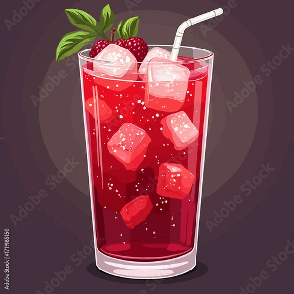 Fototapeta Refreshing raspberry iced drink with ice cubes and mint garnish in a tall glass.