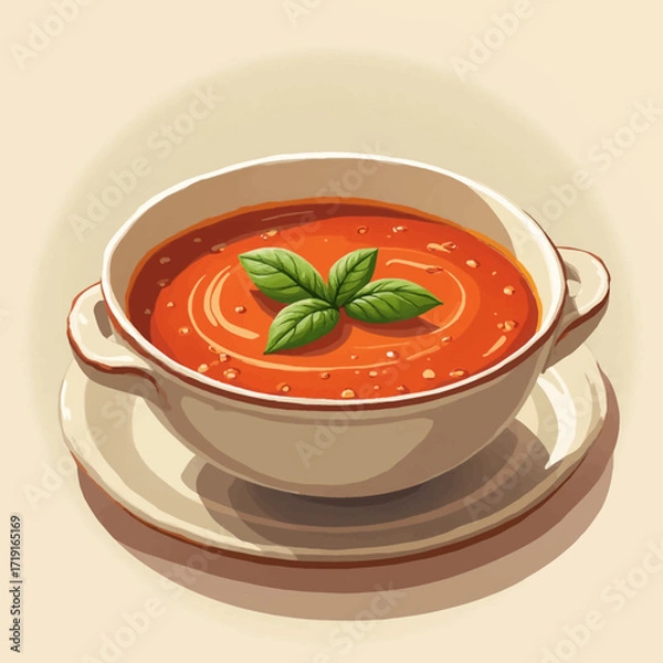 Fototapeta A creamy tomato soup, garnished with basil, served in a classic bowl.