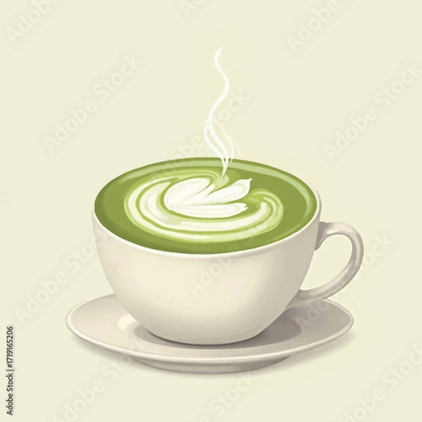 Fototapeta Steaming cup of matcha latte art, served on a saucer.