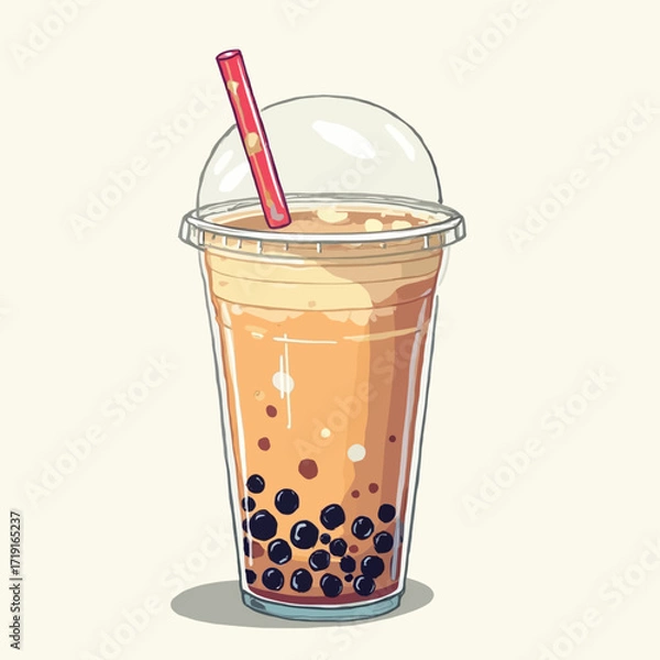 Fototapeta Illustration of a bubble tea drink in a clear plastic cup with a dome lid and a red straw.