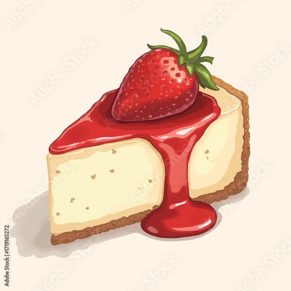 Fototapeta A delectable slice of creamy cheesecake, topped with a fresh strawberry and glistening strawberry sauce.