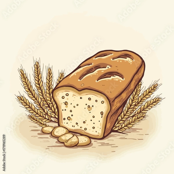 Fototapeta A loaf of bread with slices and wheat, a vintage illustration.