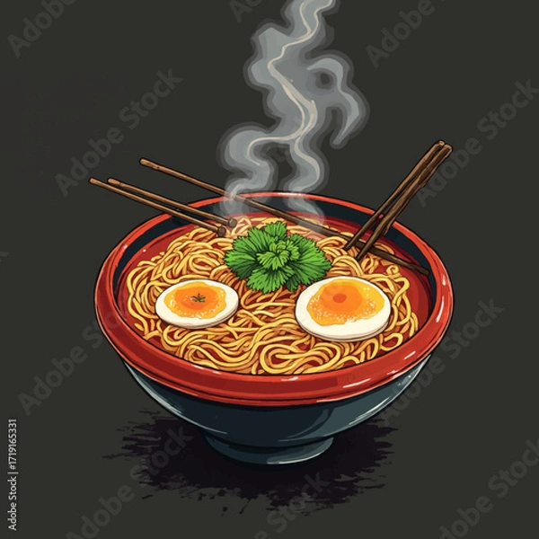 Fototapeta Steaming bowl of ramen noodles, garnished with soft-boiled eggs and herbs.