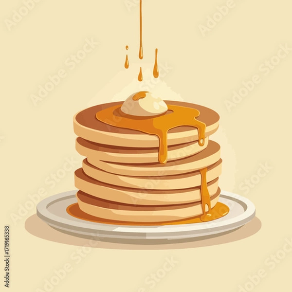 Fototapeta Stack of pancakes topped with butter and dripping honey syrup on a plate.