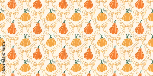 Fototapeta Pumpkins with Coquette Bows Seamless Pattern