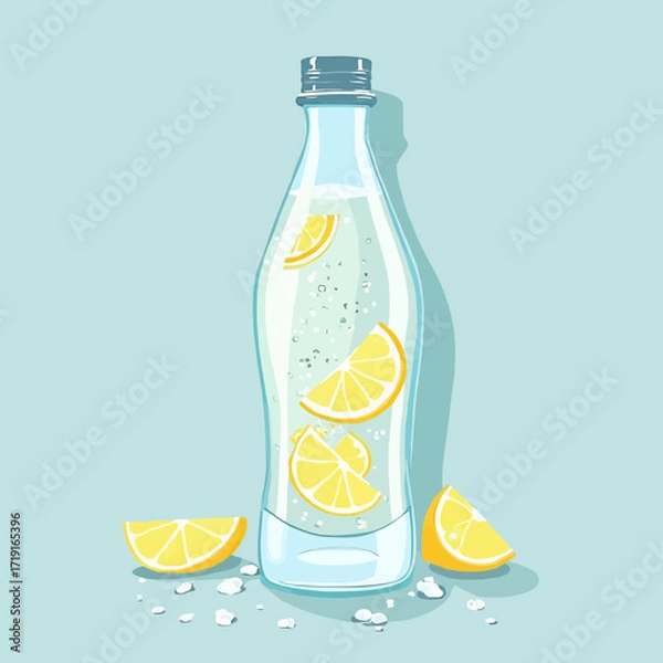 Fototapeta A glass bottle of sparkling water with lemon slices, showcasing a refreshing beverage.