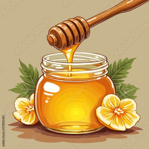 Fototapeta Honey dripping from a wooden dipper into a glass jar, with flowers and leaves.