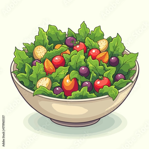 Fototapeta A bowl filled with a colorful and fresh salad consisting of lettuce, tomatoes, grapes, and croutons.