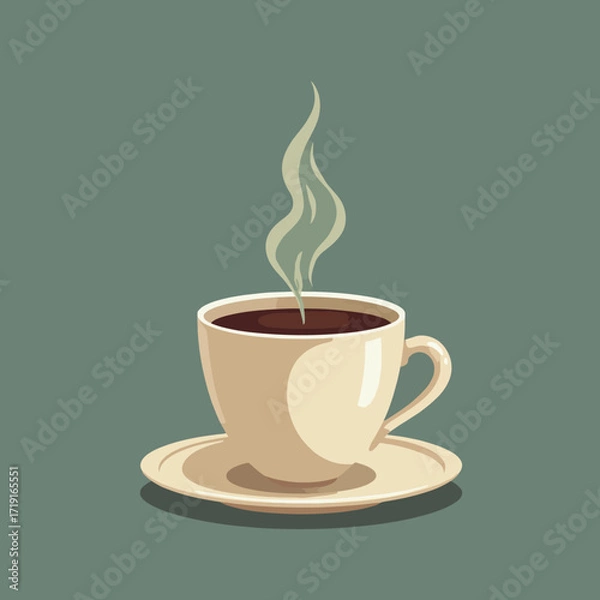 Fototapeta A steaming cup of coffee sits on a saucer against a muted green background.