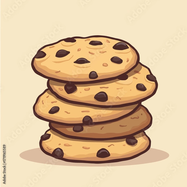 Fototapeta A stack of four freshly baked chocolate chip cookies, ready to eat.