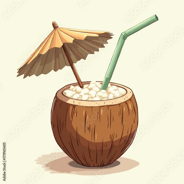 Fototapeta A coconut drink with ice, a straw, and a paper umbrella, presented in an artistic style.
