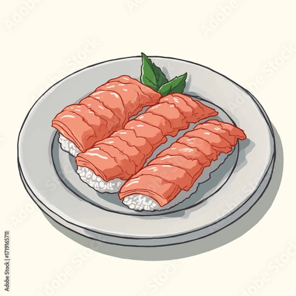 Fototapeta Three pieces of salmon sushi artfully arranged on a plate, garnished with a sprig of mint.