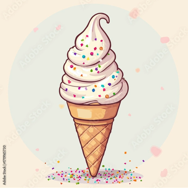 Fototapeta A cartoon ice cream cone with swirls of white ice cream topped with colorful sprinkles.