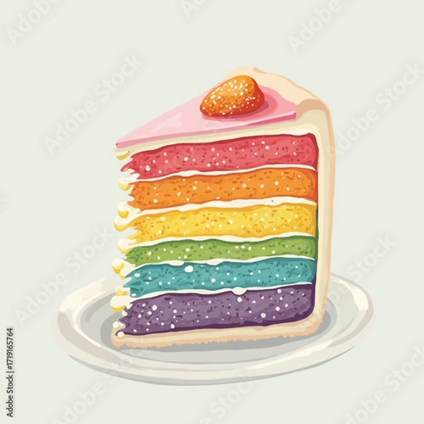 Fototapeta A colorful rainbow layer cake slice, decorated with frosting and a strawberry, displayed on a white plate.