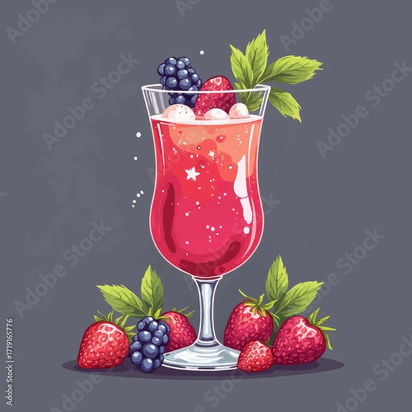 Fototapeta A tall glass filled with a red drink, topped with berries and surrounded by strawberries, blackberries, and green leaves.