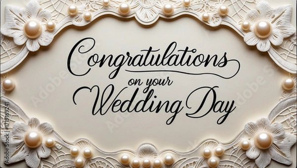 Fototapeta lace patterns and delicate pearl-like embossed dots ornamenting the border, featuring elegant gold cursive script “Congratulations on Your Wedding Day” in a beautiful, flowing handwritten style