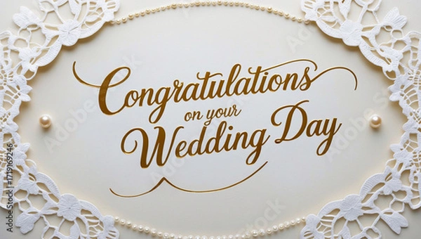 Fototapeta lace patterns and delicate pearl-like embossed dots ornamenting the border, featuring elegant gold cursive script “Congratulations on Your Wedding Day” in a beautiful, flowing handwritten style