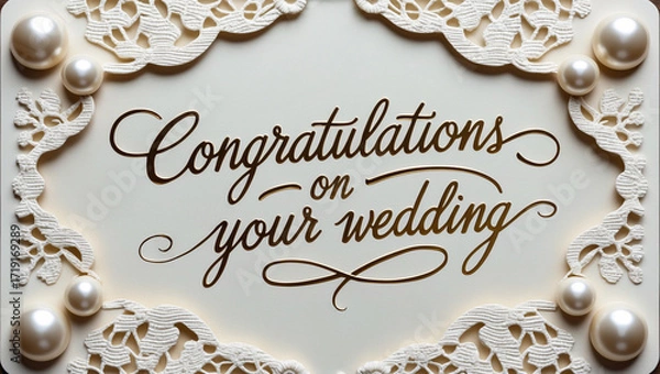 Fototapeta lace patterns and delicate pearl-like embossed dots ornamenting the border, featuring elegant gold cursive script “Congratulations on Your Wedding Day” in a beautiful, flowing handwritten style