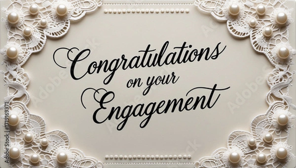 Fototapeta lace patterns and delicate pearl-like embossed dots ornamenting the border, featuring elegant gold cursive script “Congratulations on Your Engagement Day” in a beautiful, flowing handwritten style