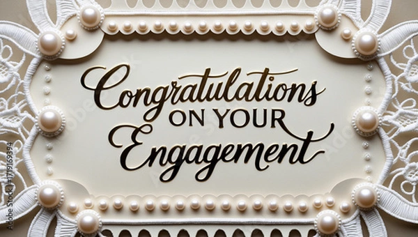 Fototapeta lace patterns and delicate pearl-like embossed dots ornamenting the border, featuring elegant gold cursive script “Congratulations on Your Engagement Day” in a beautiful, flowing handwritten style