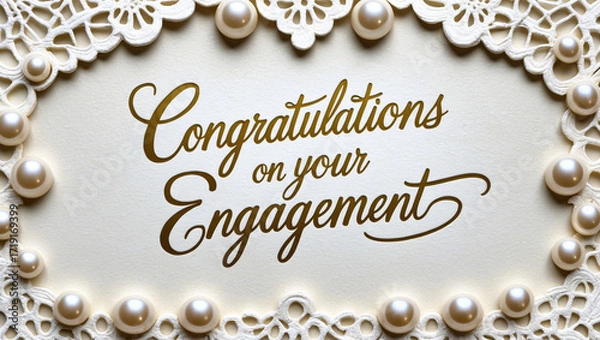 Fototapeta lace patterns and delicate pearl-like embossed dots ornamenting the border, featuring elegant gold cursive script “Congratulations on Your Engagement Day” in a beautiful, flowing handwritten style