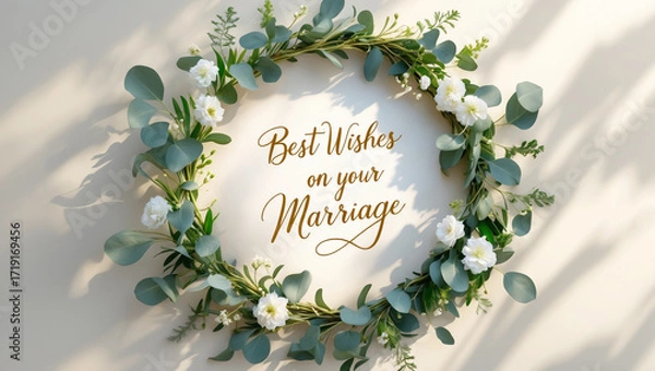 Fototapeta A lush greenery and eucalyptus wreath with fresh leaves and delicate white flowers encircling the elegant handwritten message “Best Wishes on Your Marriage”
