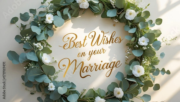 Fototapeta A lush greenery and eucalyptus wreath with fresh leaves and delicate white flowers encircling the elegant handwritten message “Best Wishes on Your Marriage”