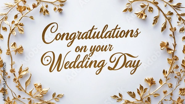 Fototapeta gold foil floral borders featuring delicate petals and leaves, with a elegant cursive script “Congratulations on Your Wedding Day” in the center