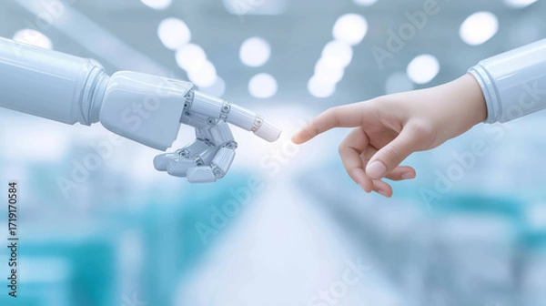 Fototapeta Robot hand and human hand reaching out to each other symbolizing connection and technology interaction in bright environment