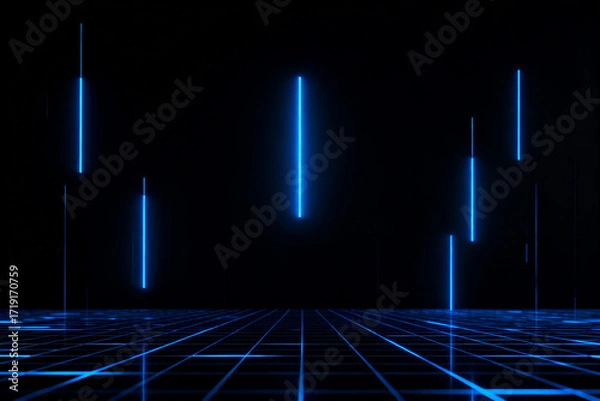 Fototapeta Neon blue vertical lines glowing above a grid floor in a dark futuristic space