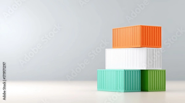 Fototapeta Colorful shipping container stack on white background with copy space for logistics and transport concept