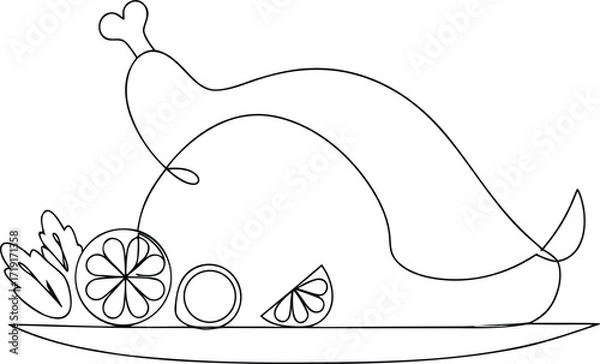 Fototapeta Single line drawing of roasted chicken with lemon slices