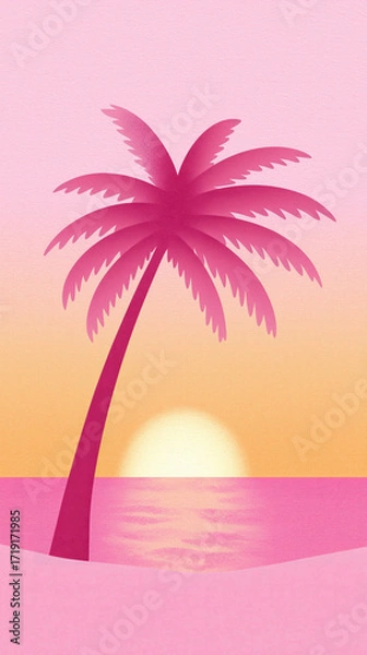 Fototapeta Pink palm tree on beach with sunset over ocean, warm colorful sky creating calm and peaceful mood