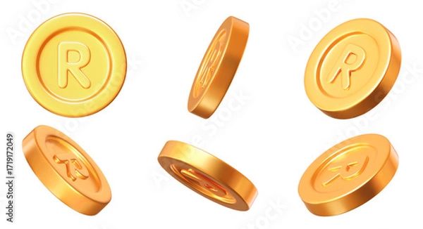 Fototapeta 3d set of South African Rands golden coins with different angles. Stock vector illustration on isolated background.