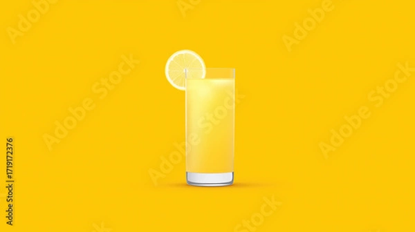 Fototapeta Fresh orange juice in clear glass with lemon slice on rim, bright yellow background.